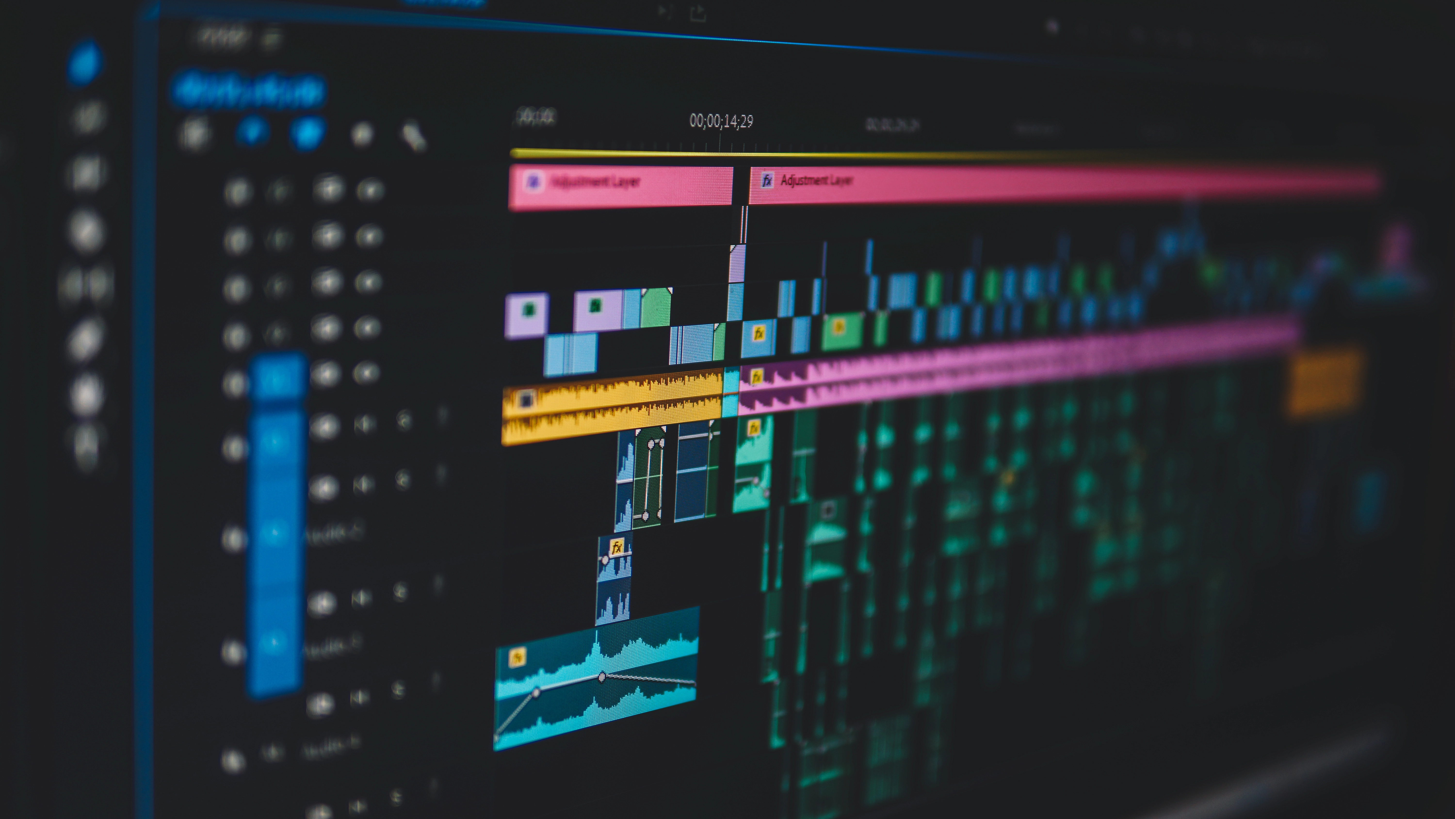 Post-production video editing timeline at Charles River Media in Boston
